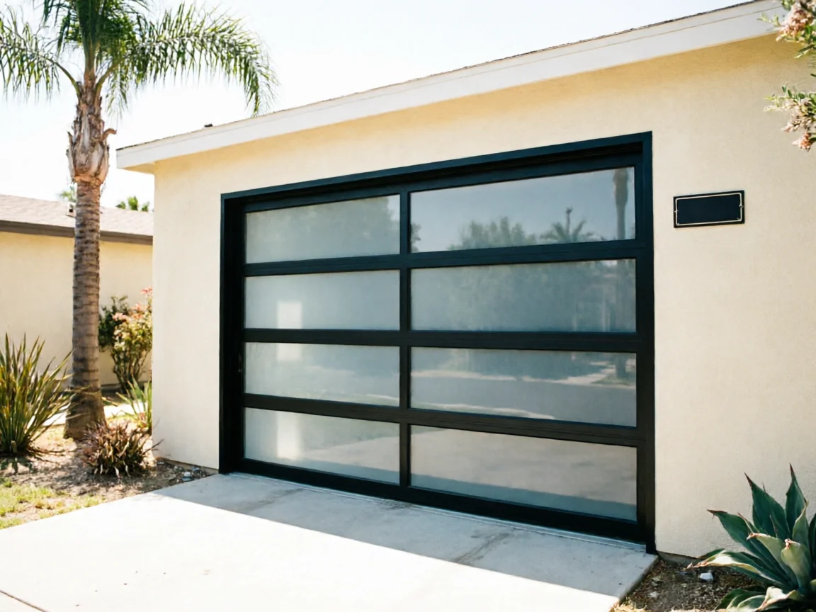 A modern black garage door with frosted glass panels on a stucco house.