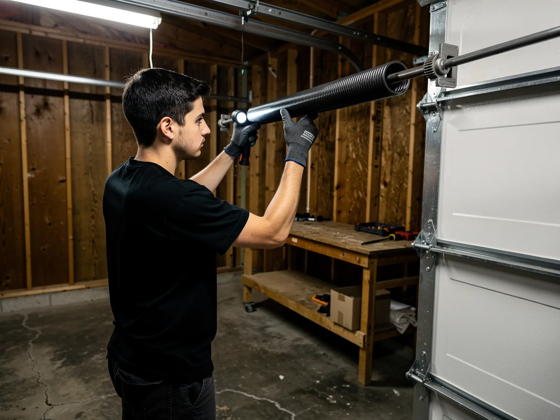 A technician installs a new torsion spring on a garage door.
