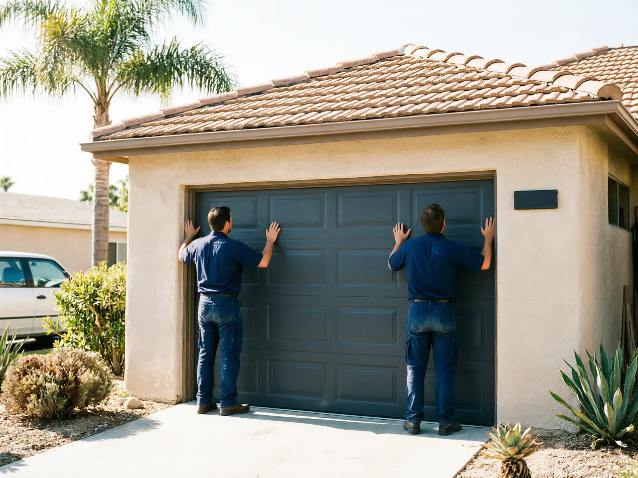 Two technicians are installing a dark gray garage door on a tan house.