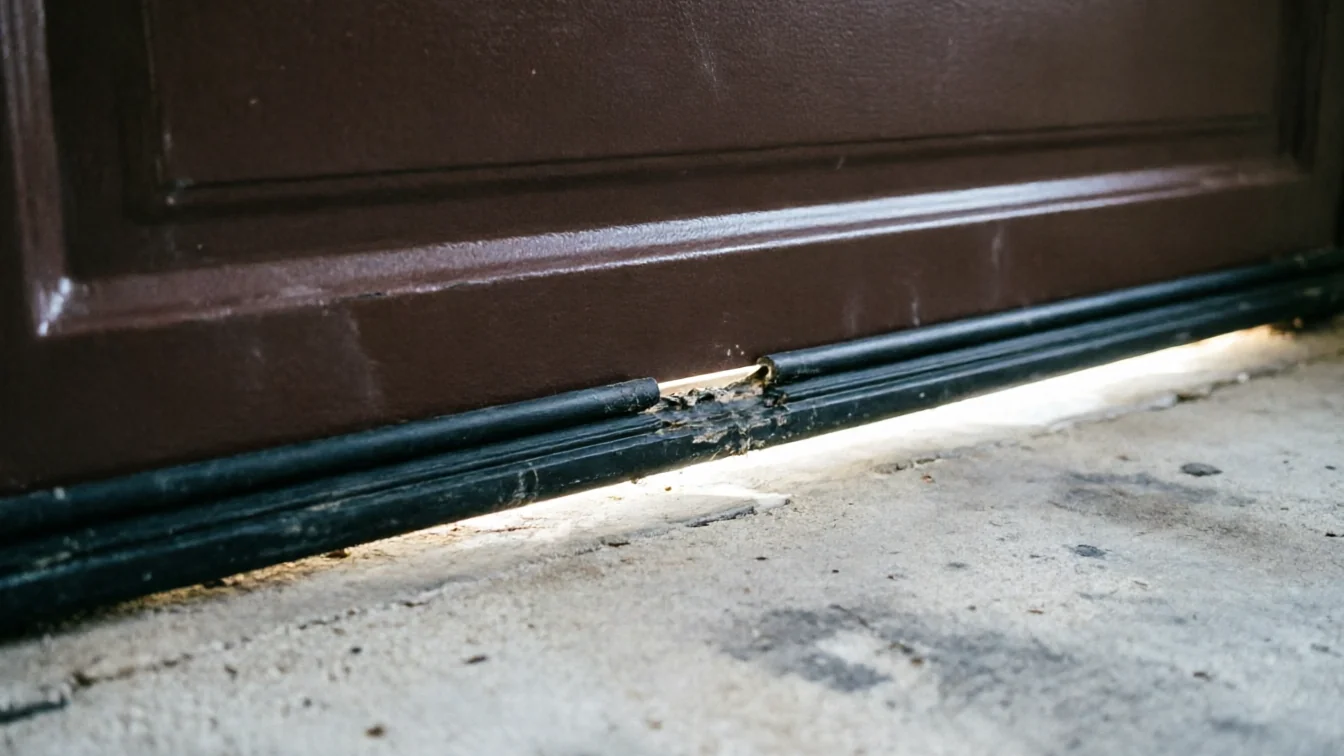 The bottom of a brown garage door has a damaged weather seal with light showing underneath.